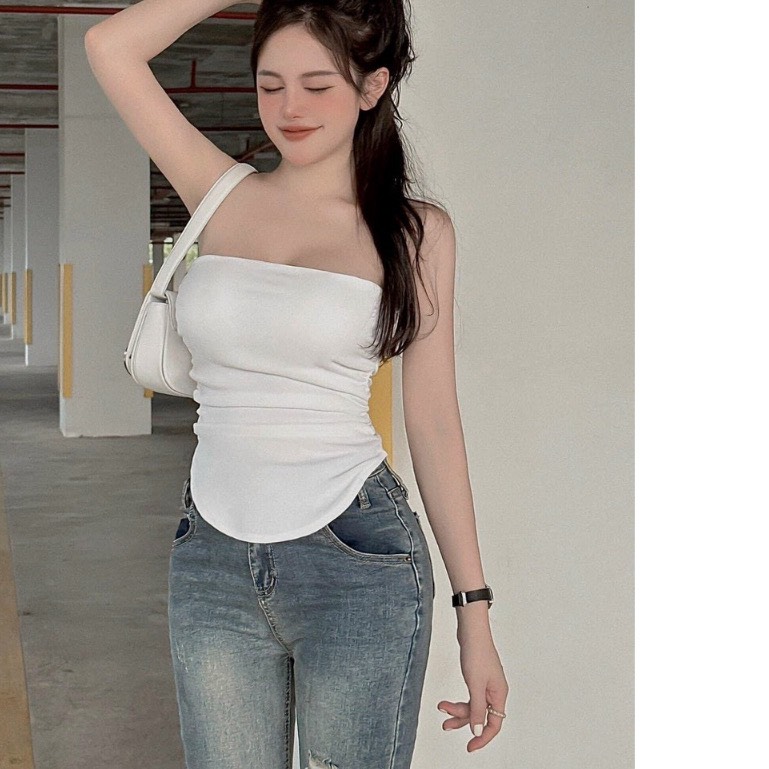 Áo ống cúp ngực có mút, nhún sườn trơn