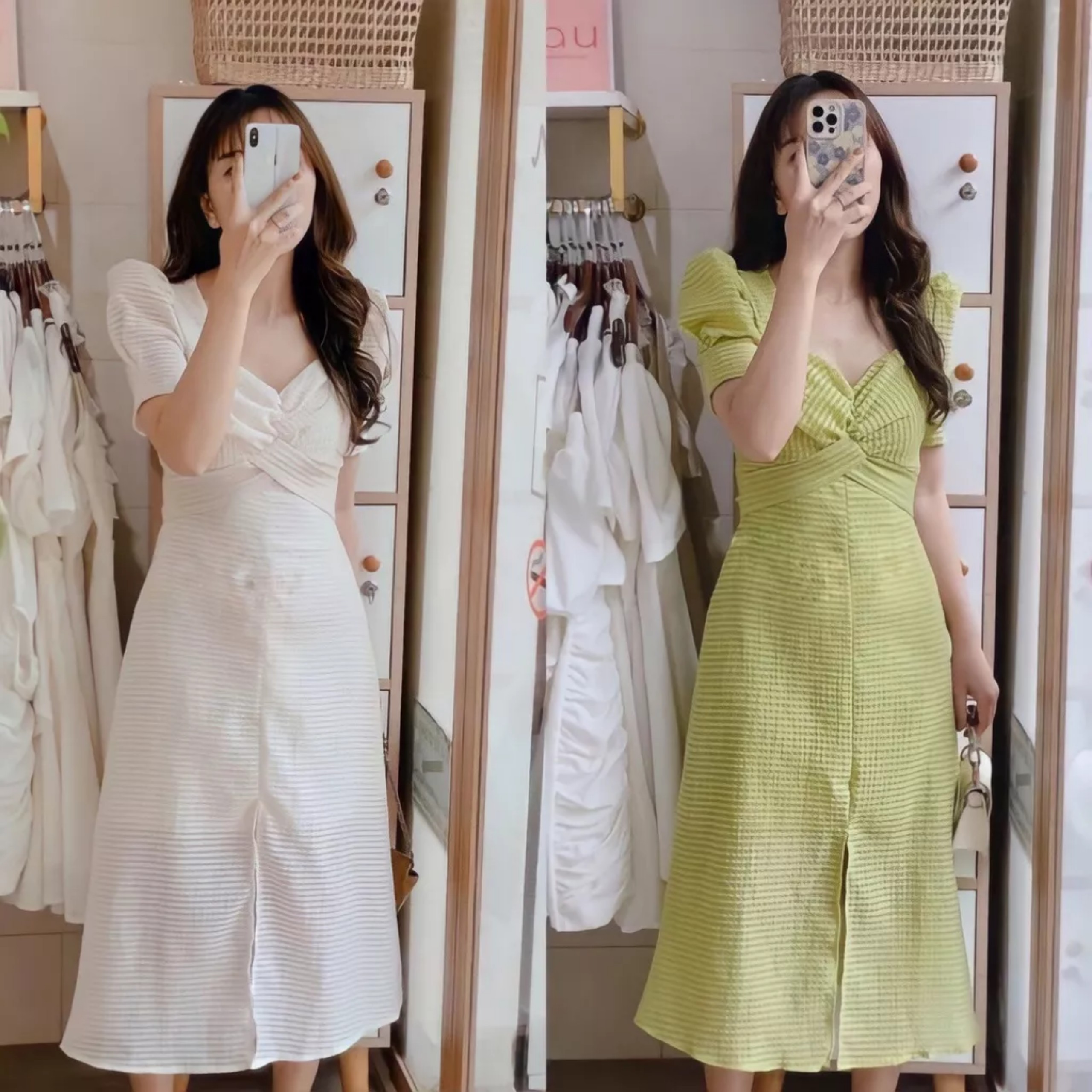 Đầm Nữ Cổ Tim Cộc Tay Bồng Nơ Lưng 2 Lớp Xẻ Tà Vải Gấm Xốp 2 Màu Tiểu Thư Siêu Xinh