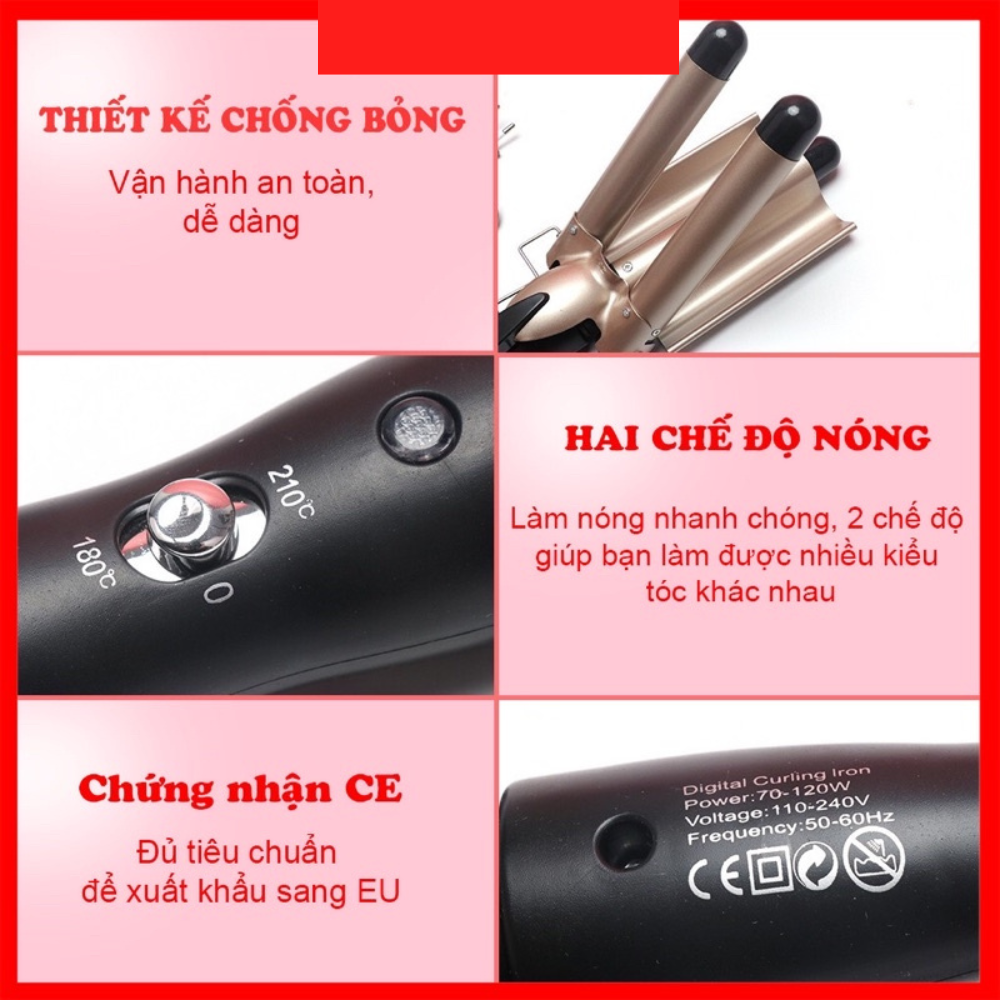 Máy uốn tóc xoăn sóng 3 trục dập sóng nước, máy uống làm tóc đẹp chuẩn salon size 22mm, 25mm