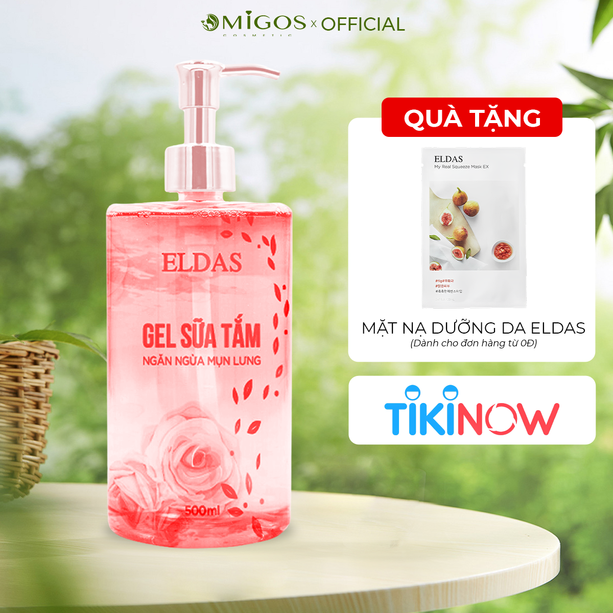 Gel sữa tắm mụn lưng ELDAS, giảm viêm nang lông với tinh chất TRÀM TRÀ KHỔ QUA HOA HỒNG kháng khuẩn sáng da 500ml/chai