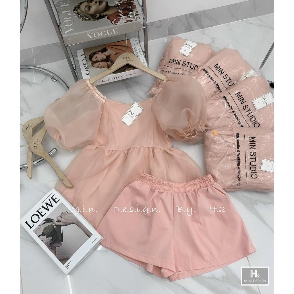 Bộ Áo Babydoll Voan Kính Cổ Vuông Cộc Tay 2 Lớp Kèm Quần Đùi