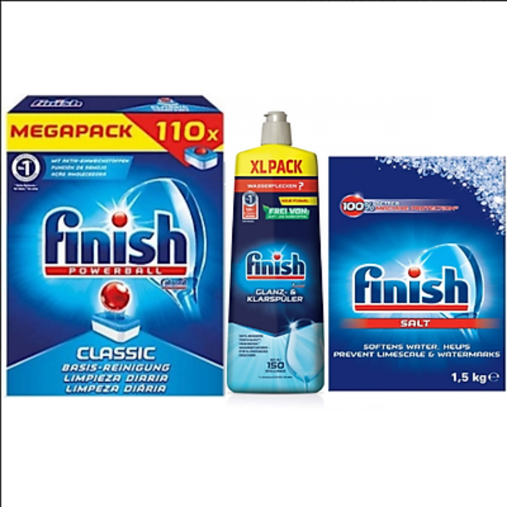 Combo viên rửa bát finish 110 viên+nước làm bóng finish 800ml+muối rửa bát finish 1,5kg dùng cho máy rửa bát
