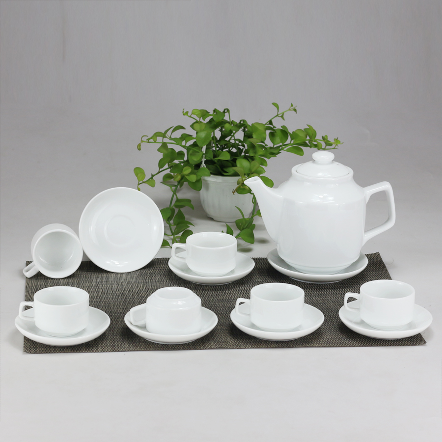Bộ ấm chén men trắng vuông cao gốm sứ Bát Tràng