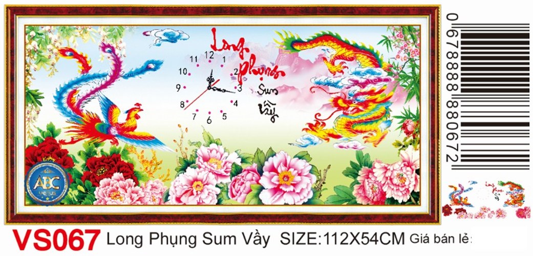 Tranh đính đá đồng hồ long phụng sum vầy VS067 - 112 x 54 cm - chưa đính