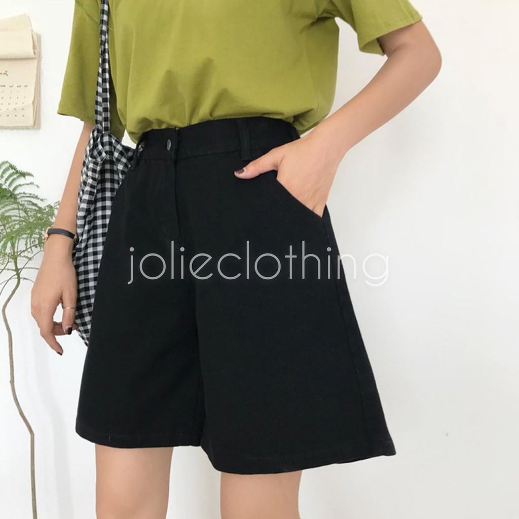 Quần Short Kaki Lửng Ulzzang Quần đùi denim ngố Ống rộng cạp cao trắng đen kem Dáng Hàn Quốc