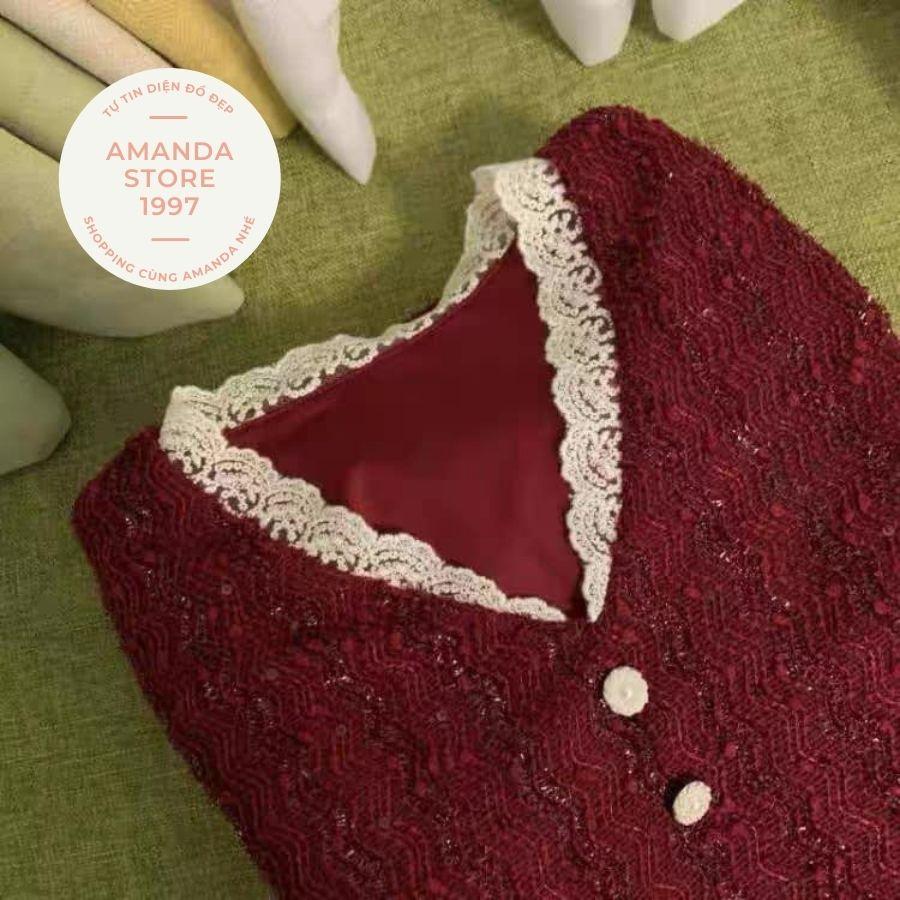 Đầm Váy noel đỏ đô chất dạ kim tuyến lấp lánh phối ren. Đầm Váy Cổ V noel dài tay bồng sang chảnh.