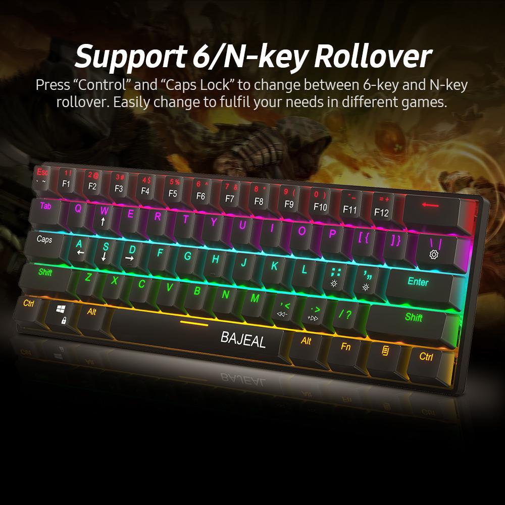 Bàn phím cơ học có dây nhỏ gọn BAJEAL với 61 phím Double Shot Keycaps 6 / N-key Rollover LED Hiệu ứng đèn nền màu xanh lam