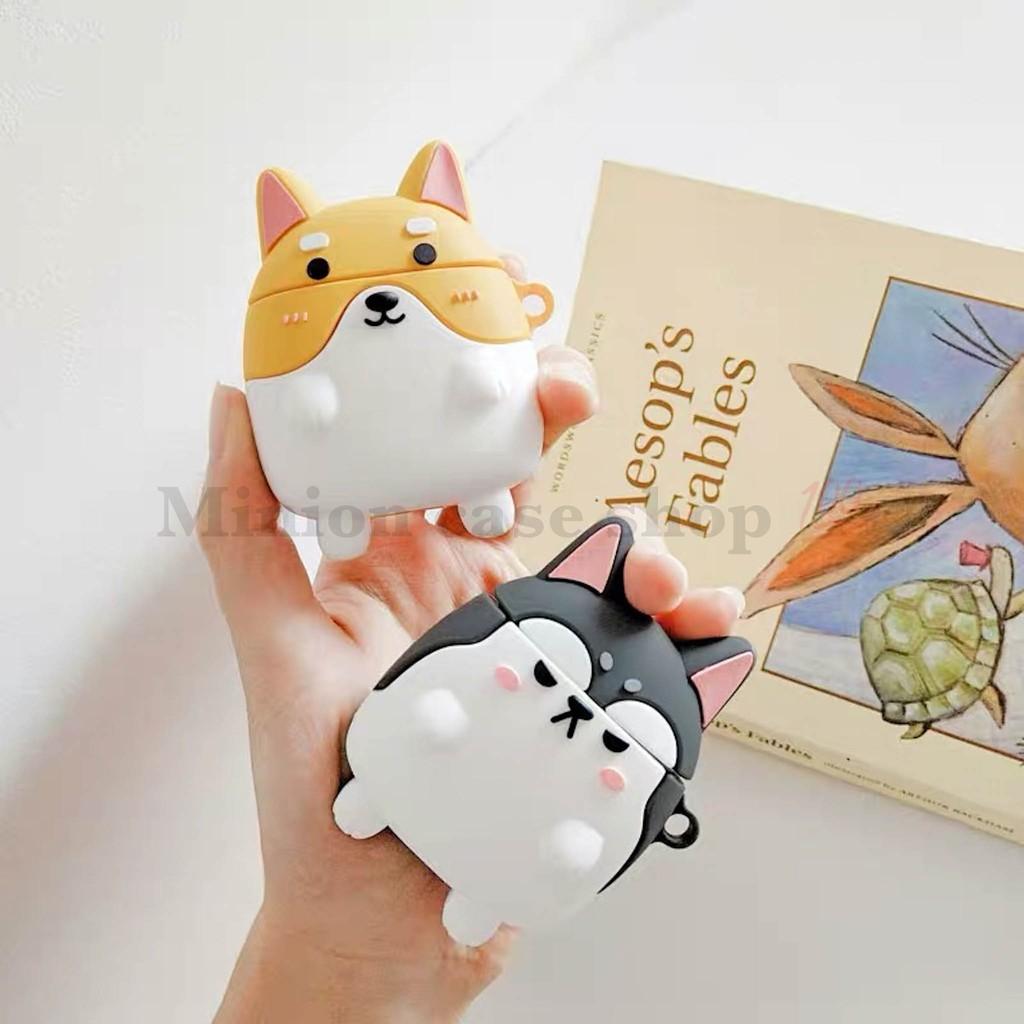 Bao Case Ốp dành cho Airpods 1/2 &amp; Airpods Pro chó shiba &amp; husky silicon 3D cao cấp