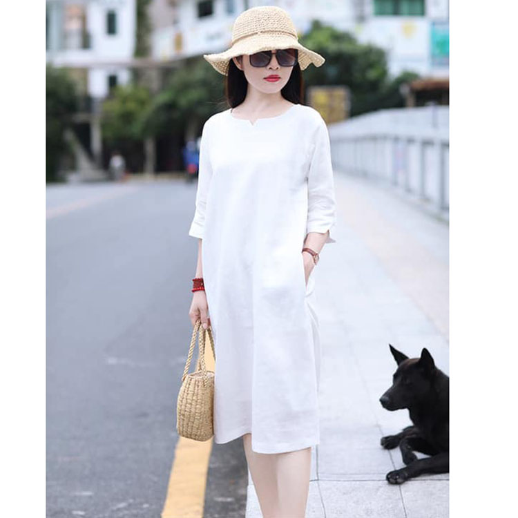 Đầm suông linen tay lỡ kèm đai rời túi sườn ArcticHunter, thời trang trẻ, phong cách Hàn - Trắng