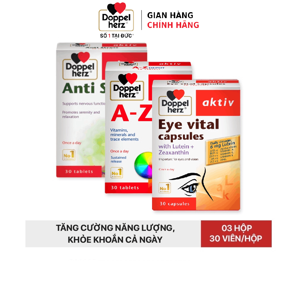 Combo bổ sung vitamin, khoáng chất hỗ trợ tăng cường thị lực, giảm căng thẳng mệt mỏi Doppelherz A Z Depot + Eye Vital + Anti Stress (03 hộp,30 viên/hộp)