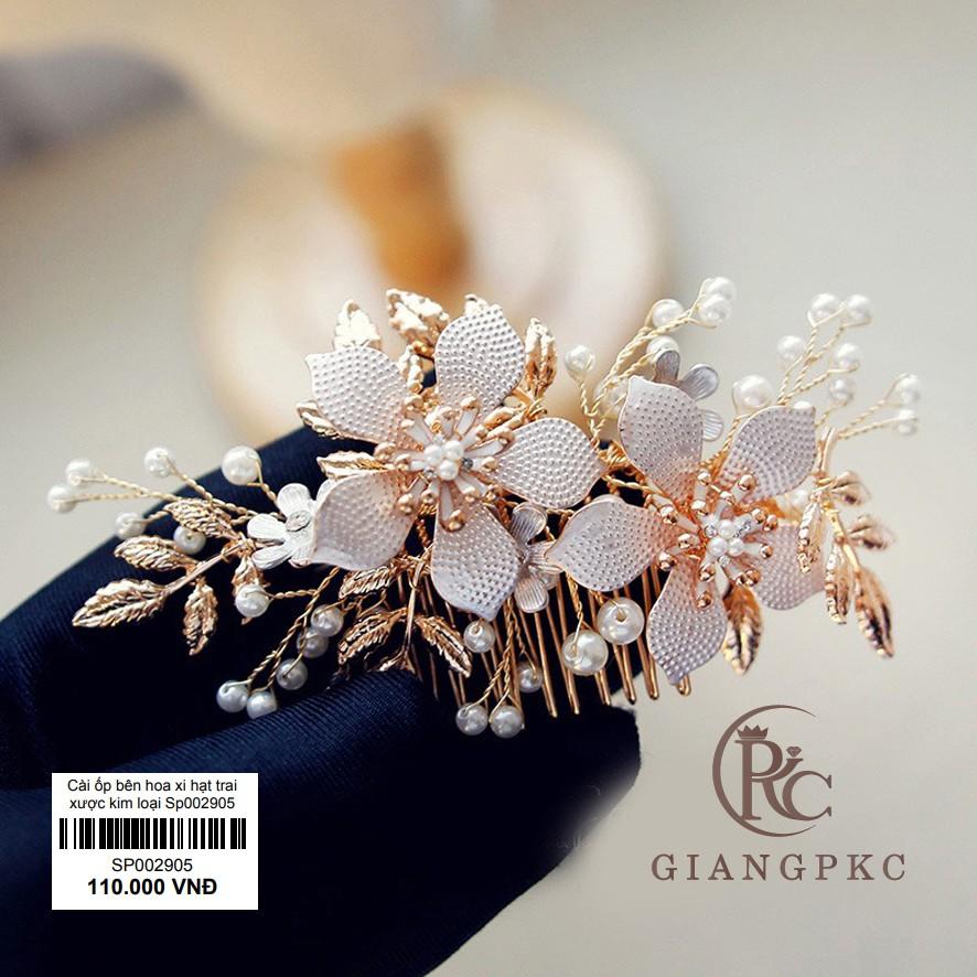 Cài ốp tóc cô dâu một bên hoa xi hạt trai xược kim loại Giangpkc Sp002905