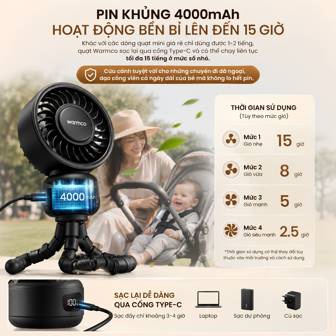 QUẠT KẸP ĐA NĂNG CHÂN BẠCH TUỘC LINH HOẠT KẸP  XE ĐẨY WARMCO PORTABLE STROLLER FAN 4000mAh | 4 MỨC GIÓ | GENTLE BREEZE | SIÊU ÊM 35dB | LED HIỂN THỊ PIN | THÁO RỜI LỒNG QUẠT - Hàng nhập khẩu