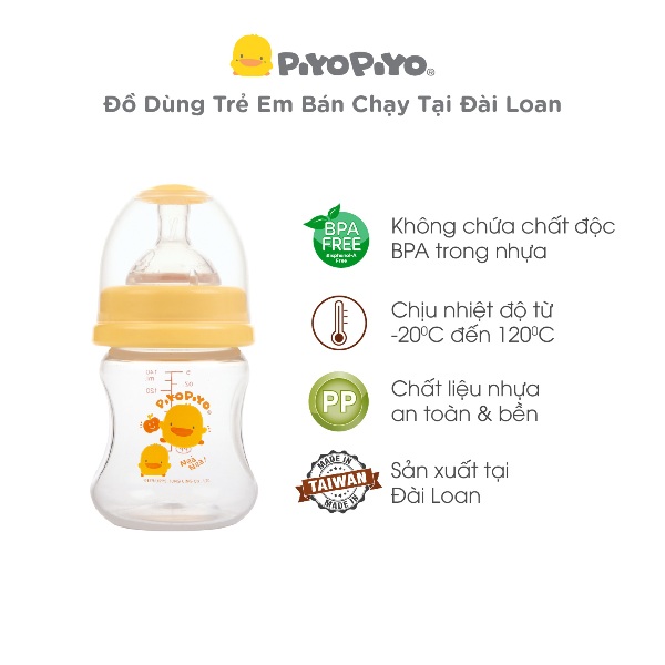 Bình sữa cổ rộng Piyo Piyo 140ml thân bình cong dễ cầm, nhựa PP không BPA