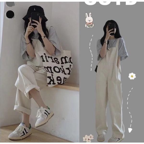 Set quần yếm kèm áo thun nữ  Nana's House - FREESHIP  Bộ phông nữ cổ tròn kèm quần kaki dài 2 dây