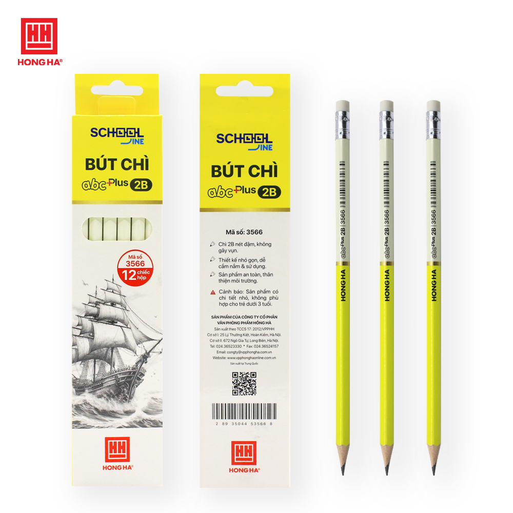 Bút chì gỗ 2B kèm đầu tẩy Hồng Hà ABC Plus - 3566 chuyên dùng viết, vẽ phác thảo