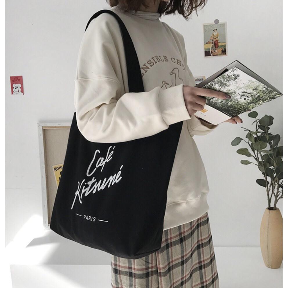 Túi tote vải canvas hoạ tiết in chữ Cafe phong cách Hàn Quốc