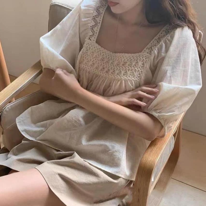 Set Đũi Ren Be Cổ Vuông Bộ Nữ Viền Ren Xinh Xắn cực xinh