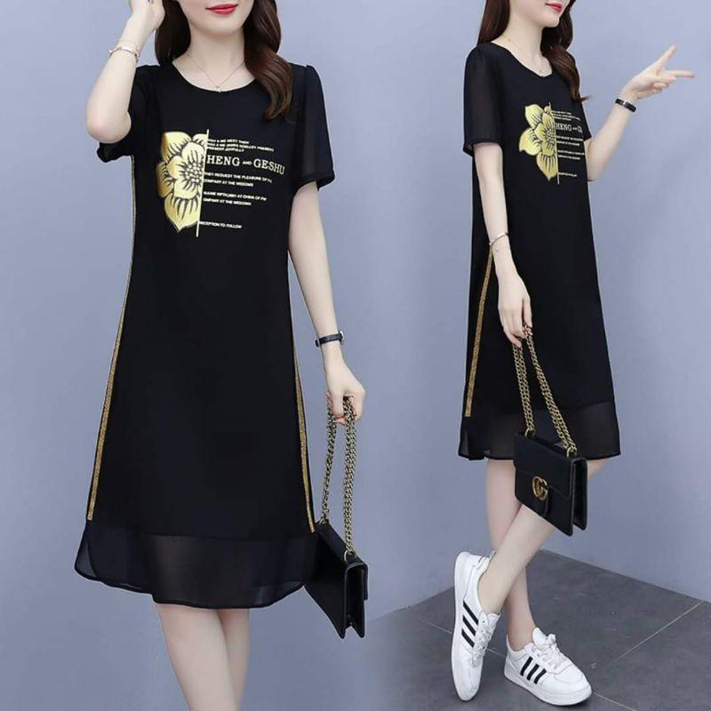 HÀNG NHẬP - ĐẦM SUÔNG THUN PHỐI VOAN IN CHỮ VÀ HOA