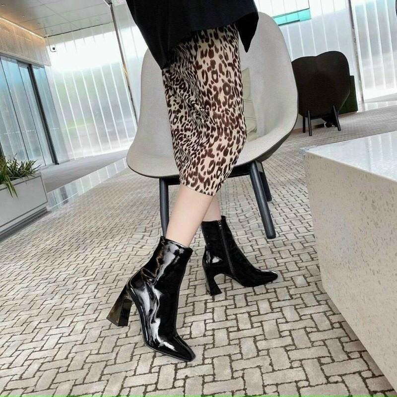 Bốt nữ cao gót chất da bóng màu đỏ, đen, kem