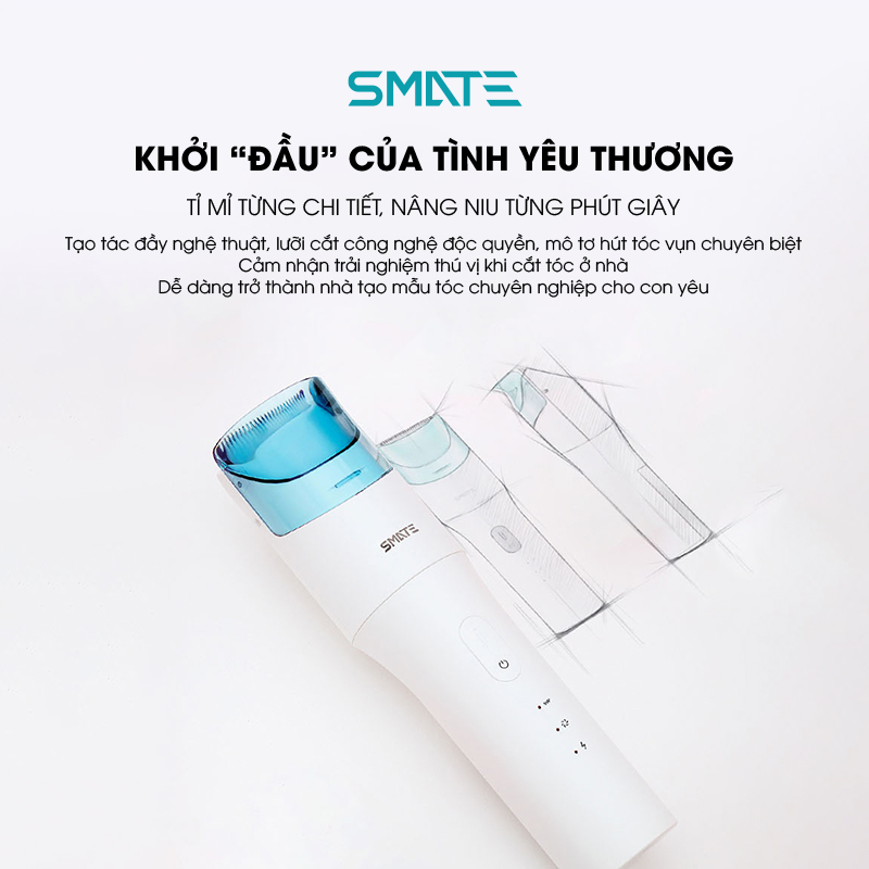 Tông Đơ Điện Cắt Tóc Smate EC-31 - Kháng Nước IPX7 Không Gây Ồn Tự Động Hút Tóc Vụn Sạc USB Lược Điều Chỉnh Theo Kiểu Tóc Có Khóa An Toàn Bảo Vệ