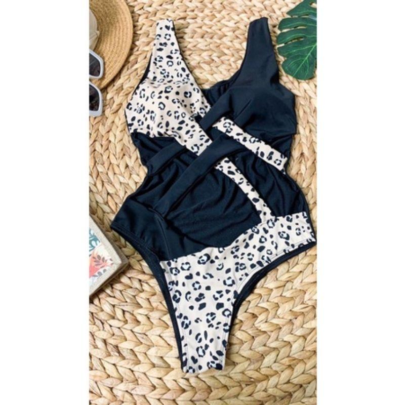 bikini đồi bơi đen phối beo khoét bụng