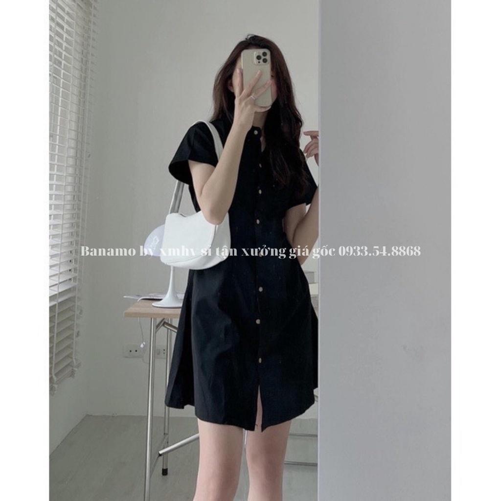 Đầm váy nữ basic cổ sơ mi cài cúc chiết eo lưng chun nhiều màu thời trang Banamo fashion váy nữ cộc tay nhiều màu 5915