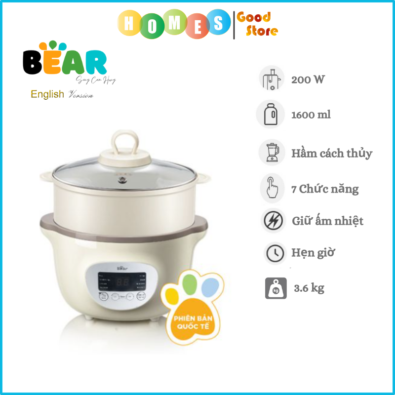 Nồi Nấu Cách Thủy, Kiêm Hấp Cao Cấp BEAR SUBE002 Gồm 3 Thố Nấu Đa Năng, Dung Tích 1.6 Lít, Công Suất 200W - Hàng Chính Hãng