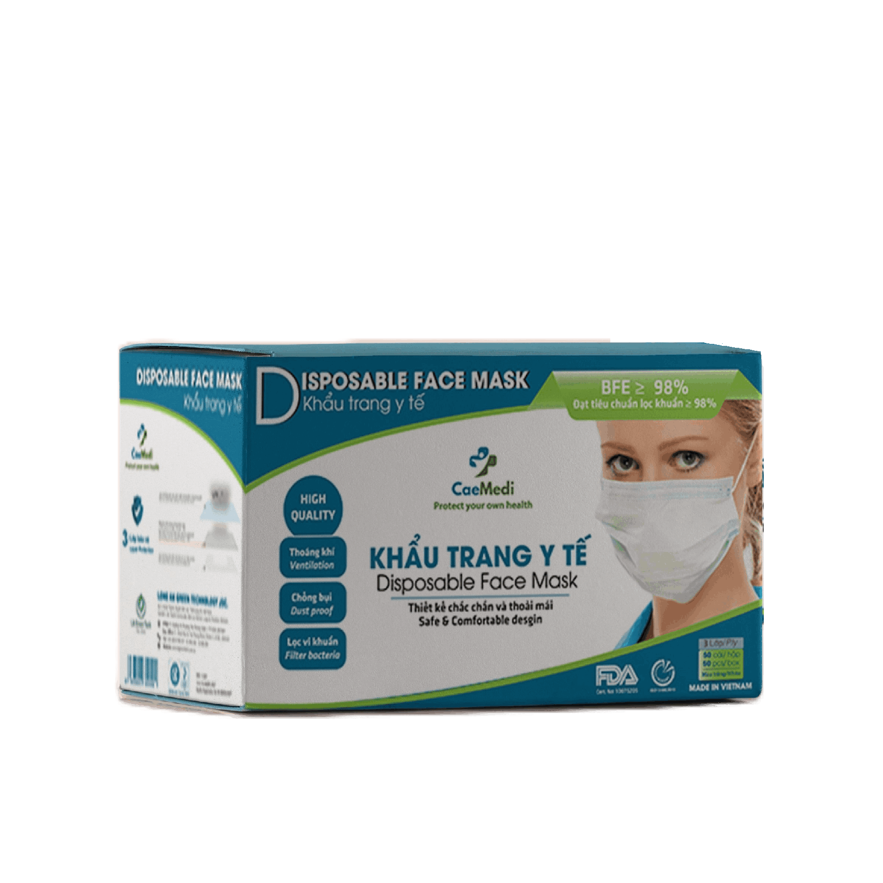 Khẩu trang y tế CAEMEDI 3 lớp trắng cao cấp, kháng khuẩn, lọc bụi bẩn đạt chuẩn BFE, FDA xuất khẩu Châu Âu - Hộp 50 cái