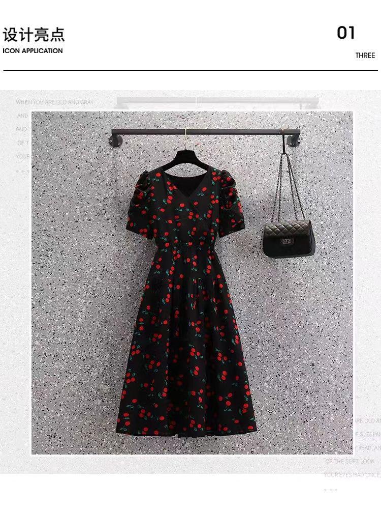 TOBE1SHOP Quần áo mùa hè 2023 Cherry in tay áo ngắn Vintage V cổ thắt lưng thiết kế cảm giác đầm cho phụ nữ
