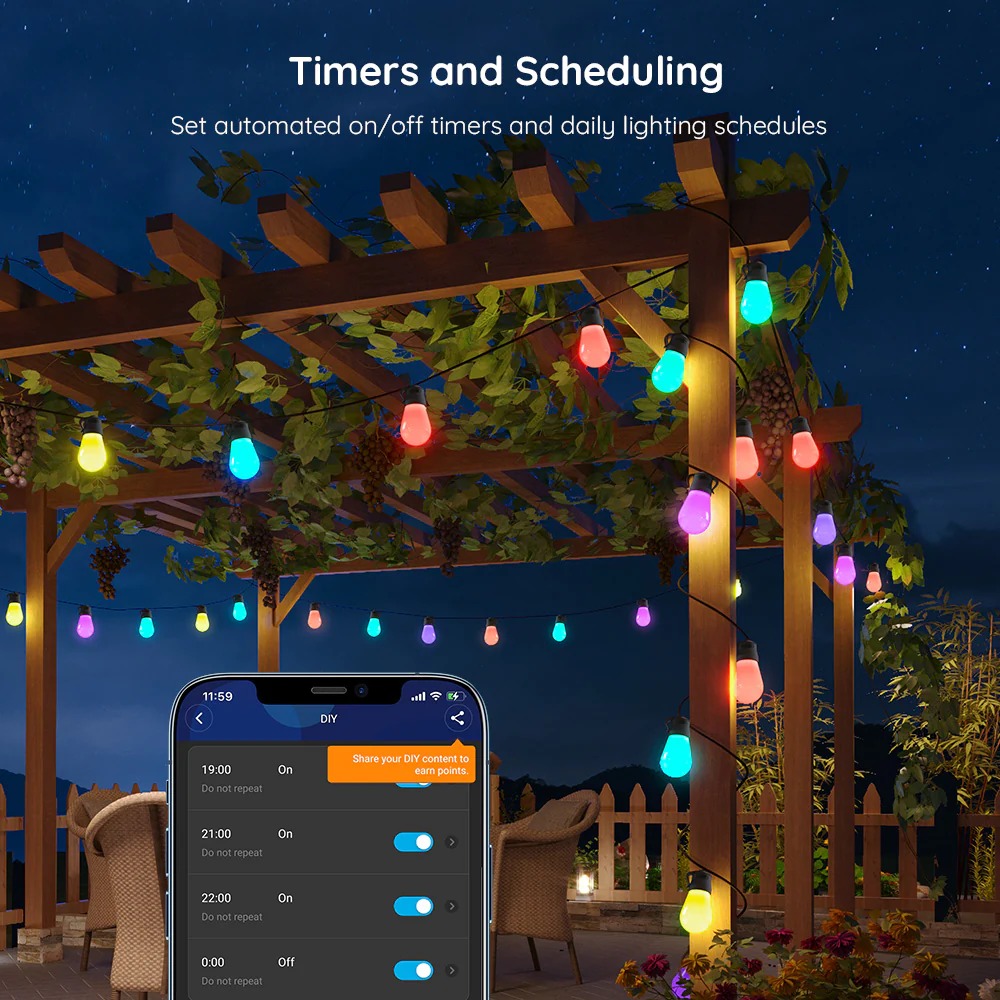 Đèn treo ngoài trời Govee RGBW 96ft Bluetooth & Wi-Fi Outdoor String Lights H7021 | Thiết kế hiện đại | Khả năng chống thấm nước | Dễ dàng thao tác và lắp đặt