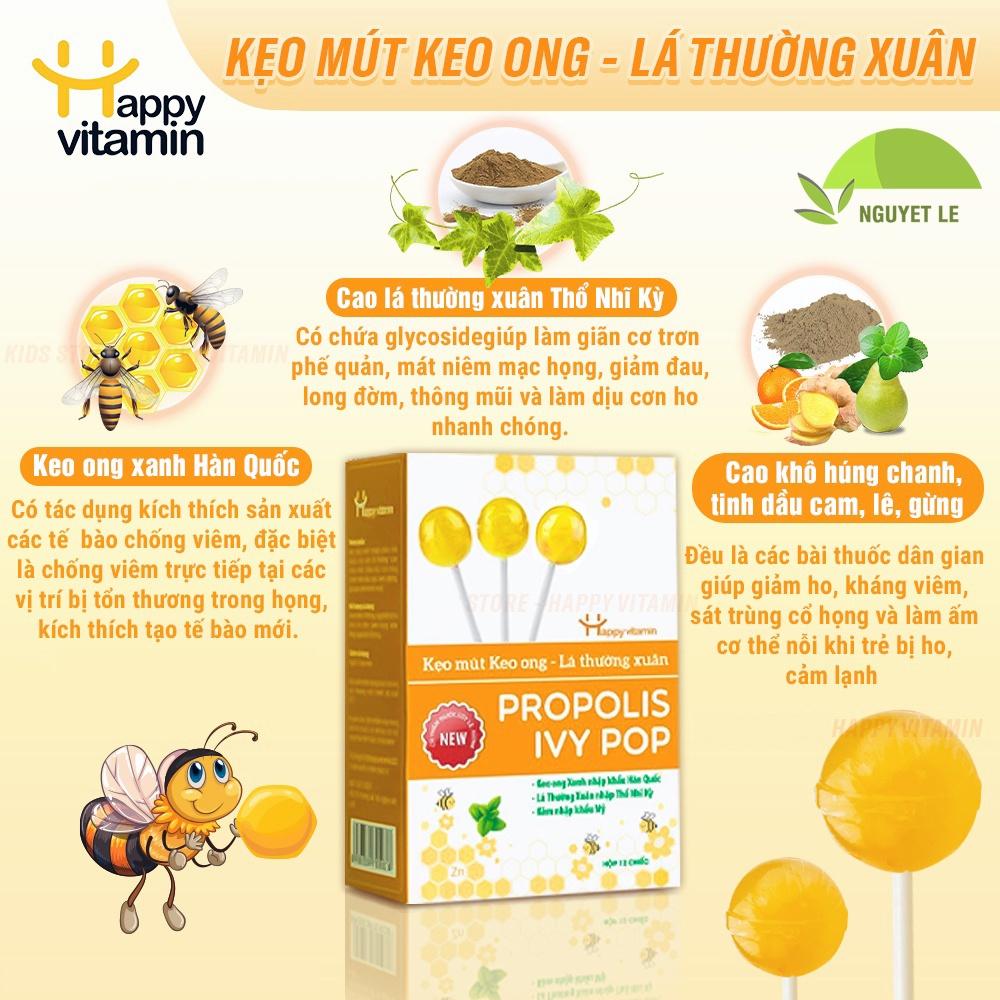 Bộ combo trợ thủ giảm ho - 2 hộp kẹo mút keo ong lá thường xuân Happy Vitamin - Hộp 12 cây