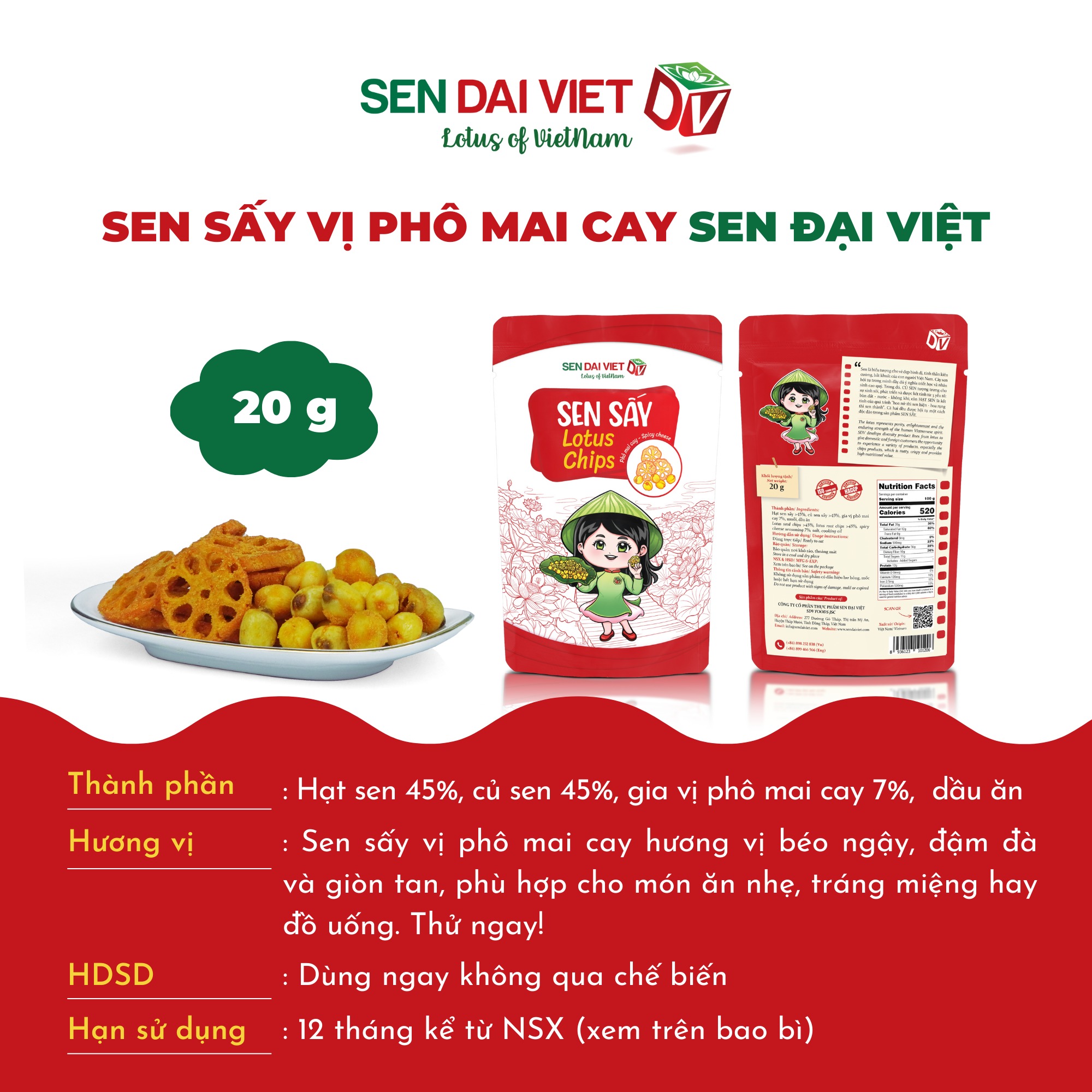 Sen Sấy Vị Phô Mai Cay- Sen Sấy Giòn Tan, Vị Cay Nồng Nàng, Phô Mai Béo Ngậy, ĐV- Sen Đại Việt- Gói 30g