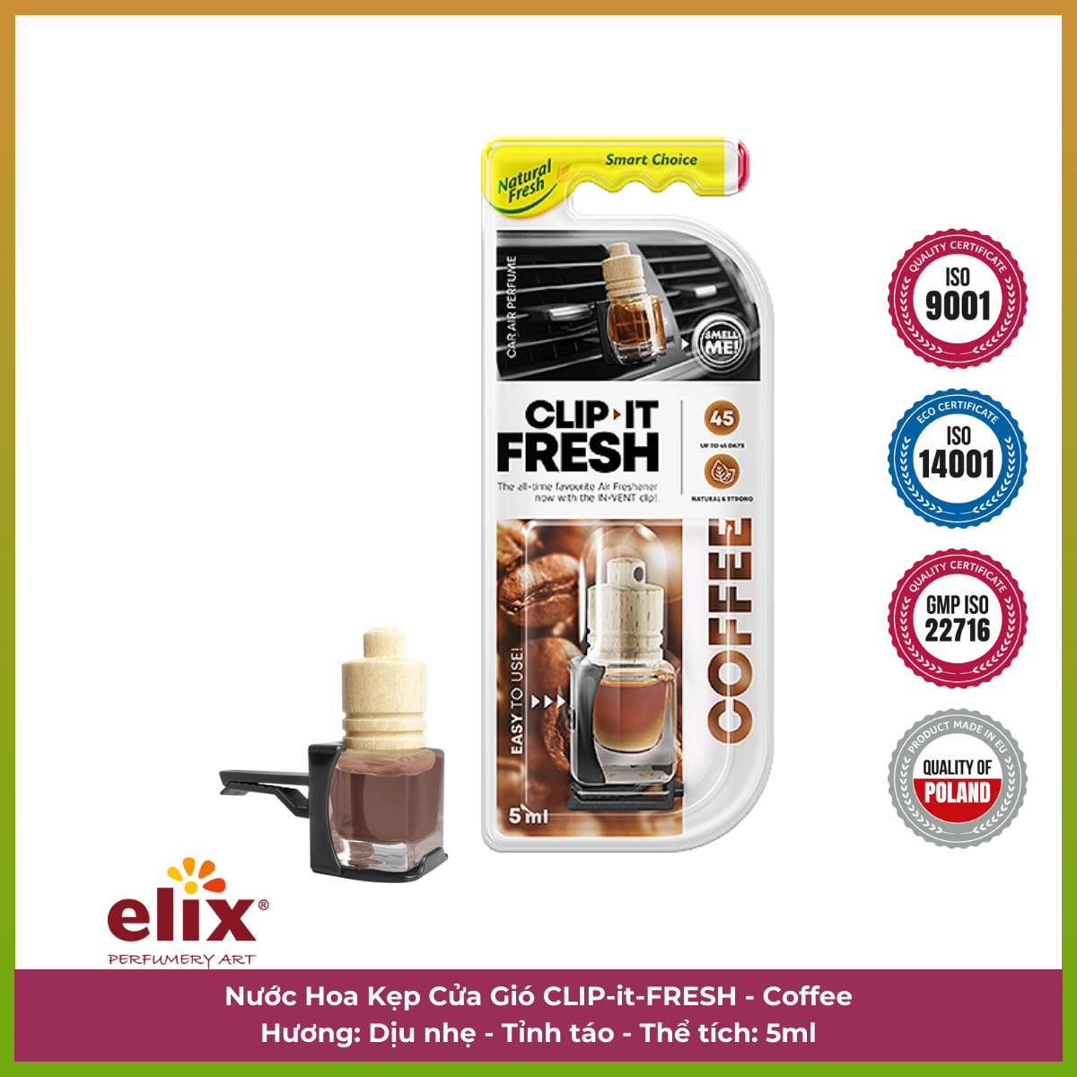 Nước hoa kẹp cửa gió ô tô ELIX - Clip it Fresh - Hương Coffee (tỉnh táo)