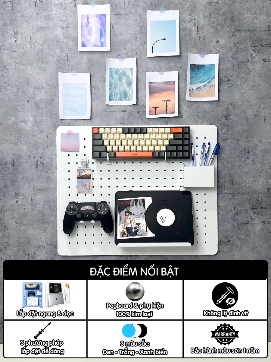Pegboard Dola Home Setup Full KIM LOẠI không khoan tường để bàn phím, tai nghe, đồ dùng làm việc