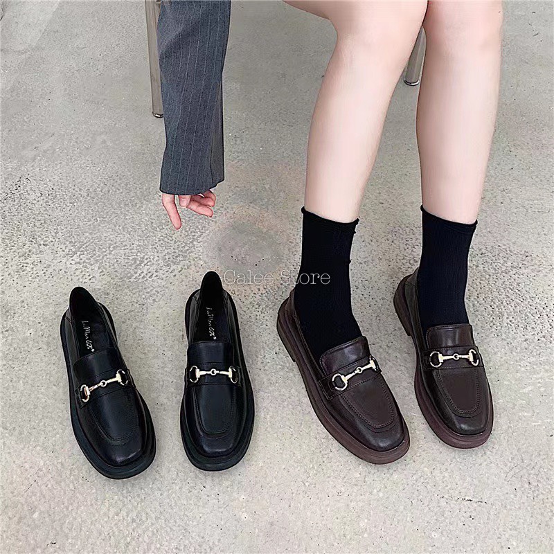 DA MỀM CÓ SẴN Giày Moccasin Moca Nữ mũi vuông đế 3cm da lì mềm màu đen và nâu dẫm gót fullbox