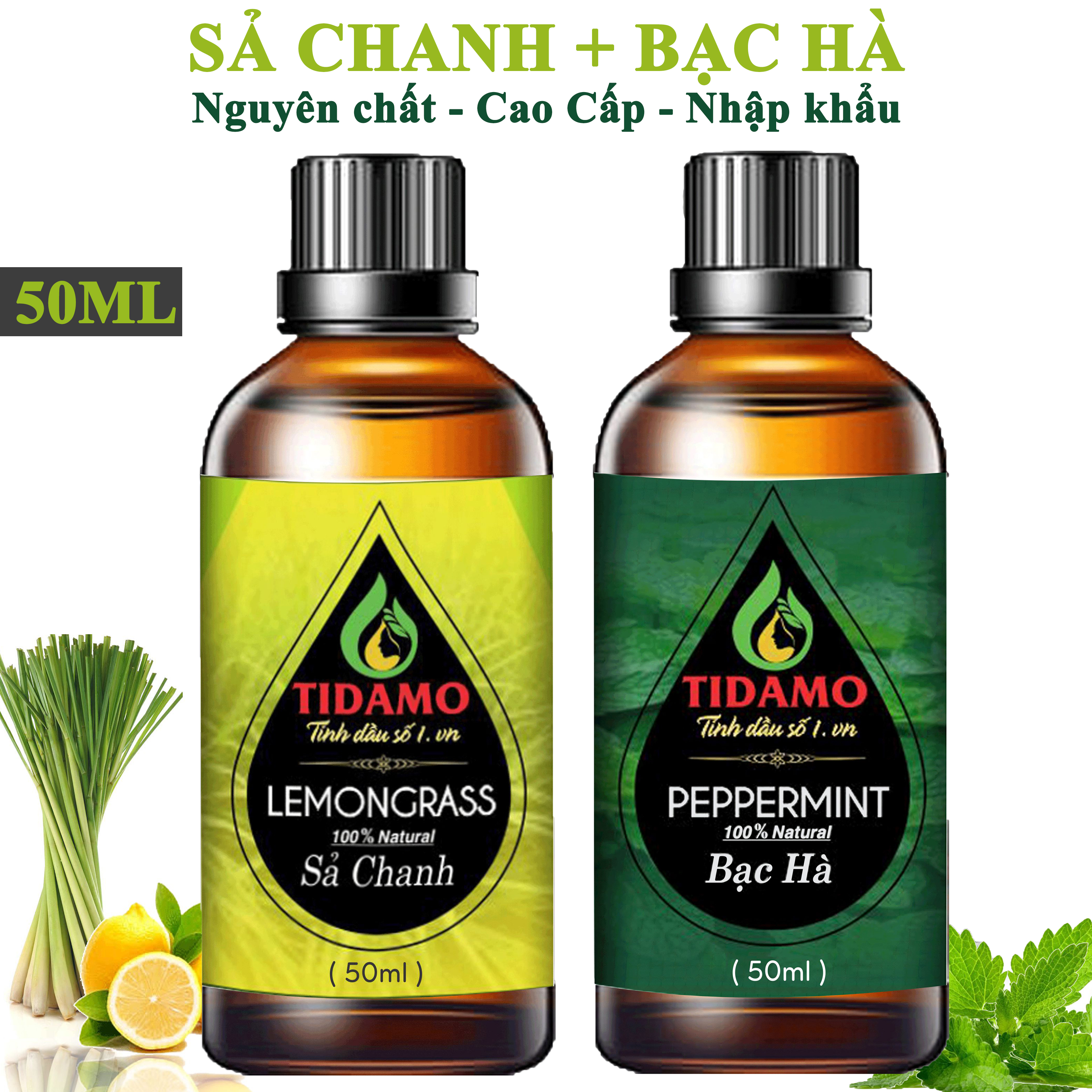 Combo 2 Tinh Dầu Sả Chanh 50ML + Tinh Dầu Bạc Hà 50ML TIDAMO - Tinh Dầu Thiên Nhiên Nguyên Chất (Lemongrass + Peppermint) Giúp Thư Giãn, Đuổi Muỗi, Thơm Phòng và Nâng Cao Sức Khỏe - Thích Hợp Dùng Với Máy Xông Tinh Dầu