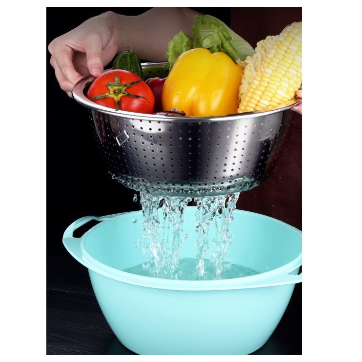 Set Thau Rổ ( Rổ Inox 304 , Thau Nhựa ) - 30x11cm ( ĐK : 26cm ) 576g ...