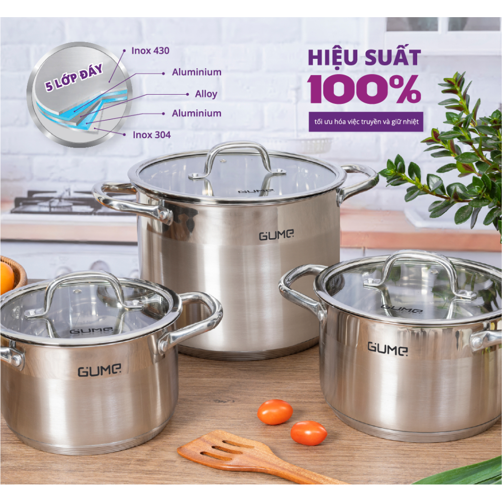 Bộ Nồi 3 Món Gume Inox 304 cao cấp - Bảo Hành 5 Năm