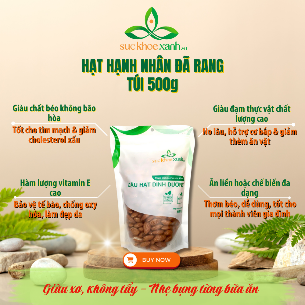 Hạt hạnh nhân ăn liền Sức Khỏe Xanh, nhập khẩu chính ngạch từ ÚcMỹ  Roasted Almonds – 500g