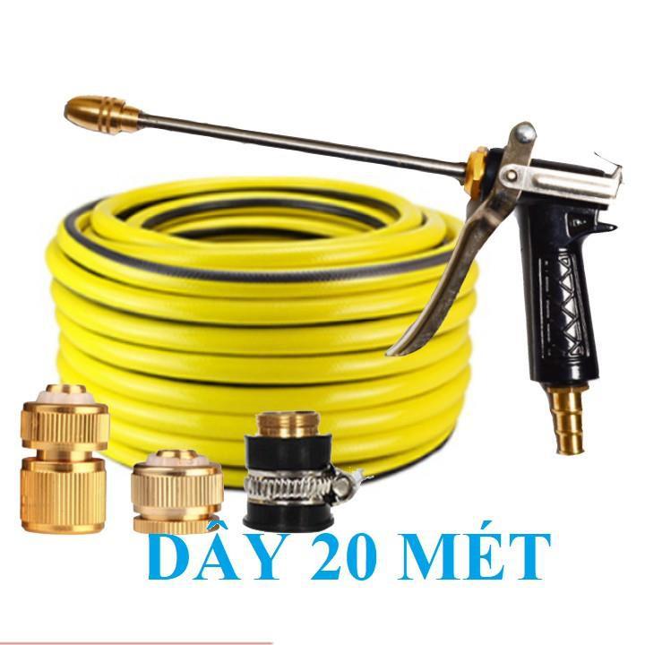 ️ Bộ dây vòi xịt nước rửa xe, tưới cây . tăng áp 3 lần, loại 20m 206318 đầu đồng, cút đồng