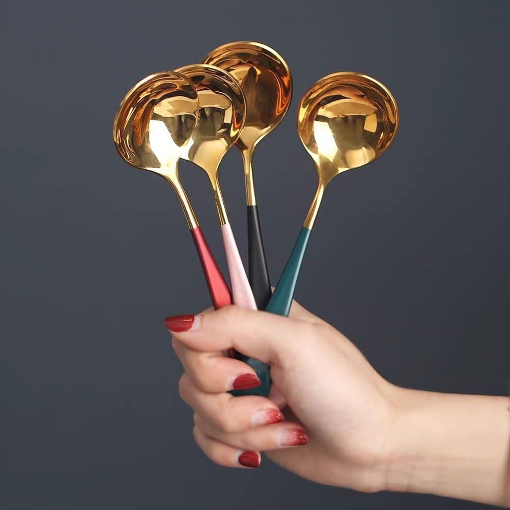 Thìa Ăn Cơm Bằng Inox Mạ Vàng Cán Dài Nhiều Mầu Sang Chảnh -hàng đẹp