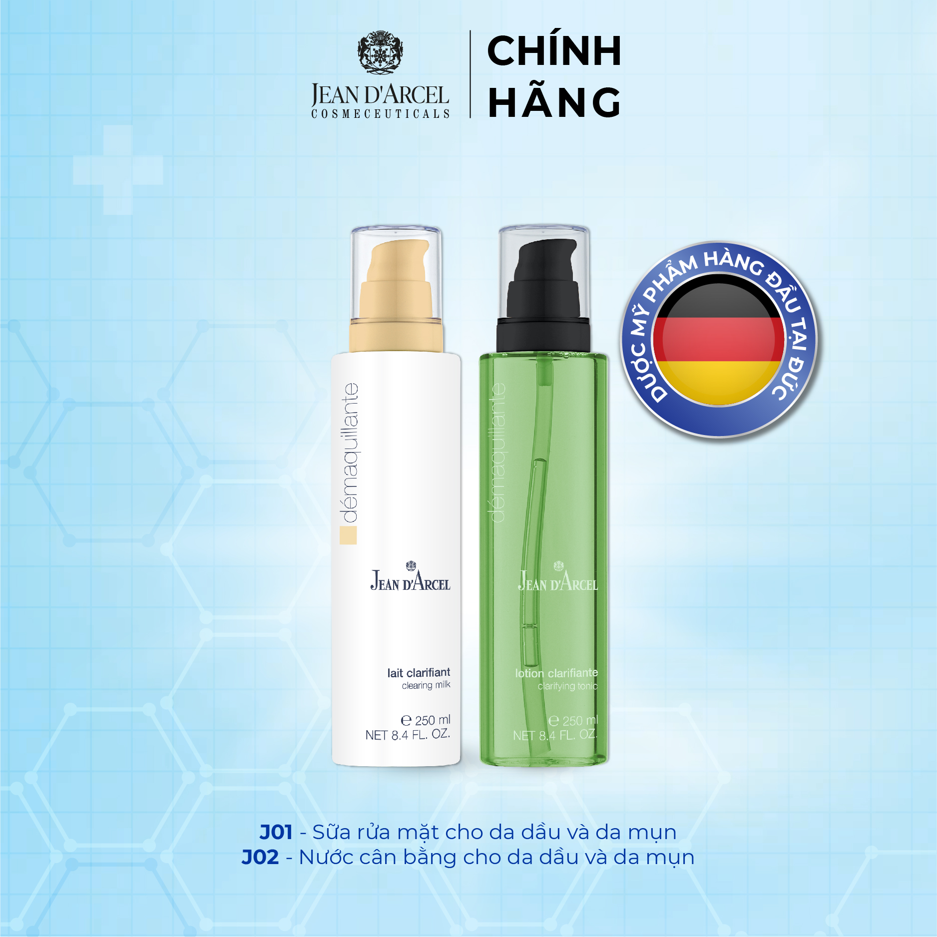 Combo cho da dầu mụn - Sữa rửa mặt và nước hoa hồng cho da dầu mụn Jean d'Arcel
