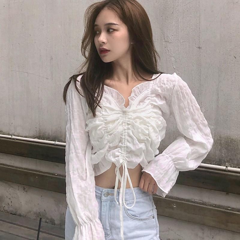 Áo Kiểu Tay Dài Màu Trơn Thiết Kế Cổ Chữ V Thời Trang Thanh Lịch