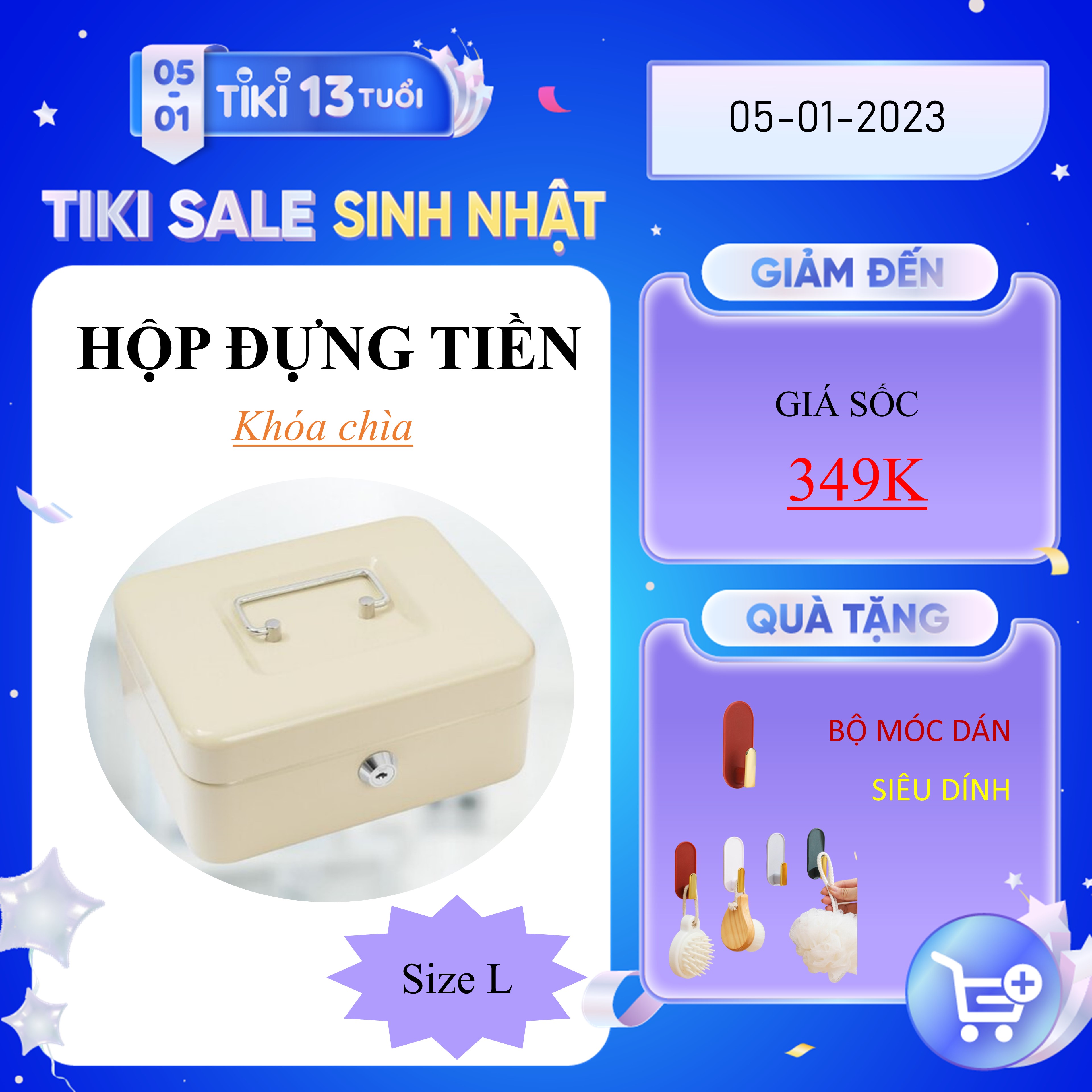 Hộp két sắt chữ nhật đựng tiền mặt và đồ vật nhỏ có giá trị với khóa chìa an toàn - Màu be - Size L