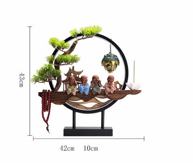 Thác Khói Trầm Hương Tứ Không – Bộ Tượng Bốn Chú Tiểu Phong Thủy Có Đèn LED & Cây Xanh Tài Lộc, Trang Trí Bàn Làm Việc (Tặng kèm chuỗi hạt 6 ly)