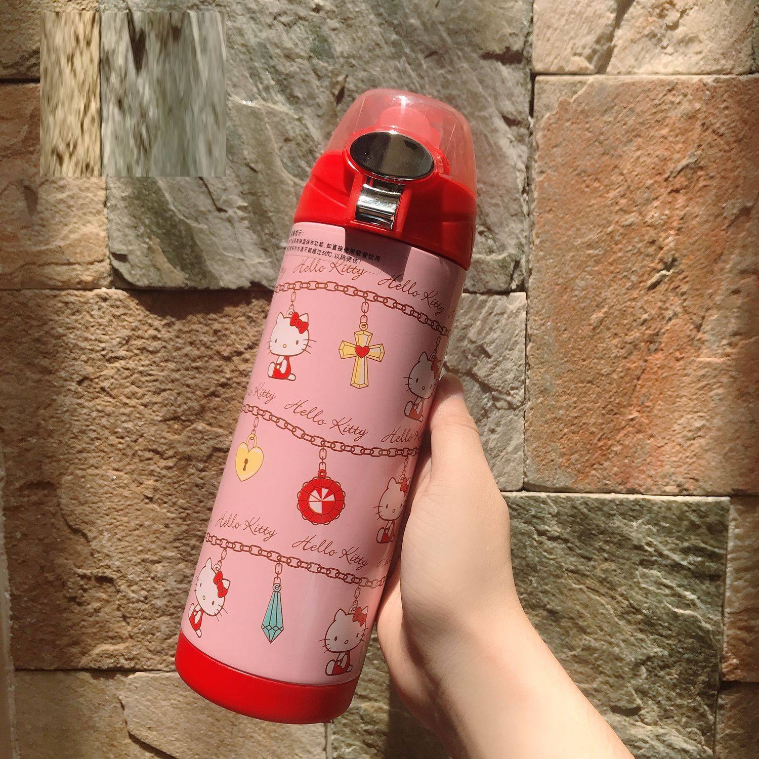 Bình nước giữ nhiệt hình mèo Kitty dây xích nắp trong suốt màu hồng nhạt cho trẻ em, bé gái -  - KT3663HN