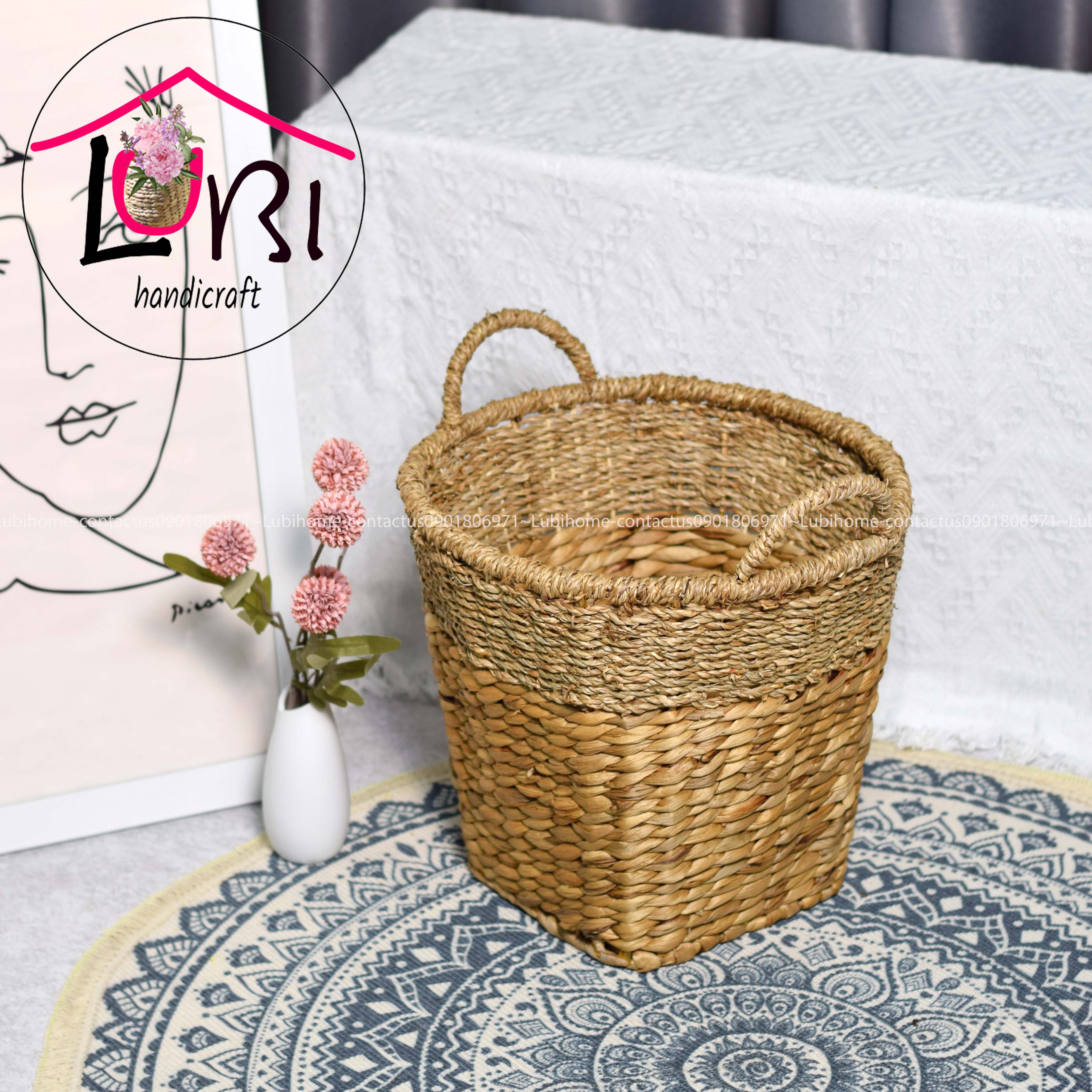 Lubihandicraft - Sọt đựng đồ lục bình kêt hợp cói miệng tròn đáy vuông - xinh xắn