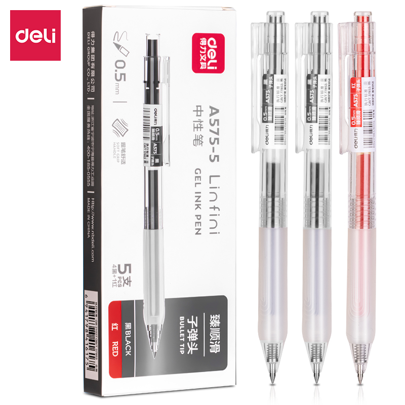 Bút Bi Nước Mực Gel Bấm Ngòi 0.5Mm Deli - Có Ngòi Thay Thế Viết Trơn Đều Phù Hợp Ghi Chép Văn Phòng Học Sinh Sổ Tay - A575 - Set 4 Bút Đen 1 Bút Đỏ - 1 Cây