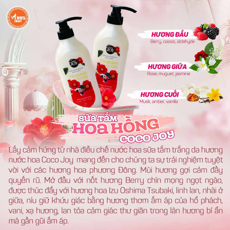 Sữa tắm trắng da hương nước hoa Cocojoy chiết xuất hoa hồng và protein ngọc trai , dưỡng trắng, cấp ẩm, thơm lâu 6g, 500g, 900g