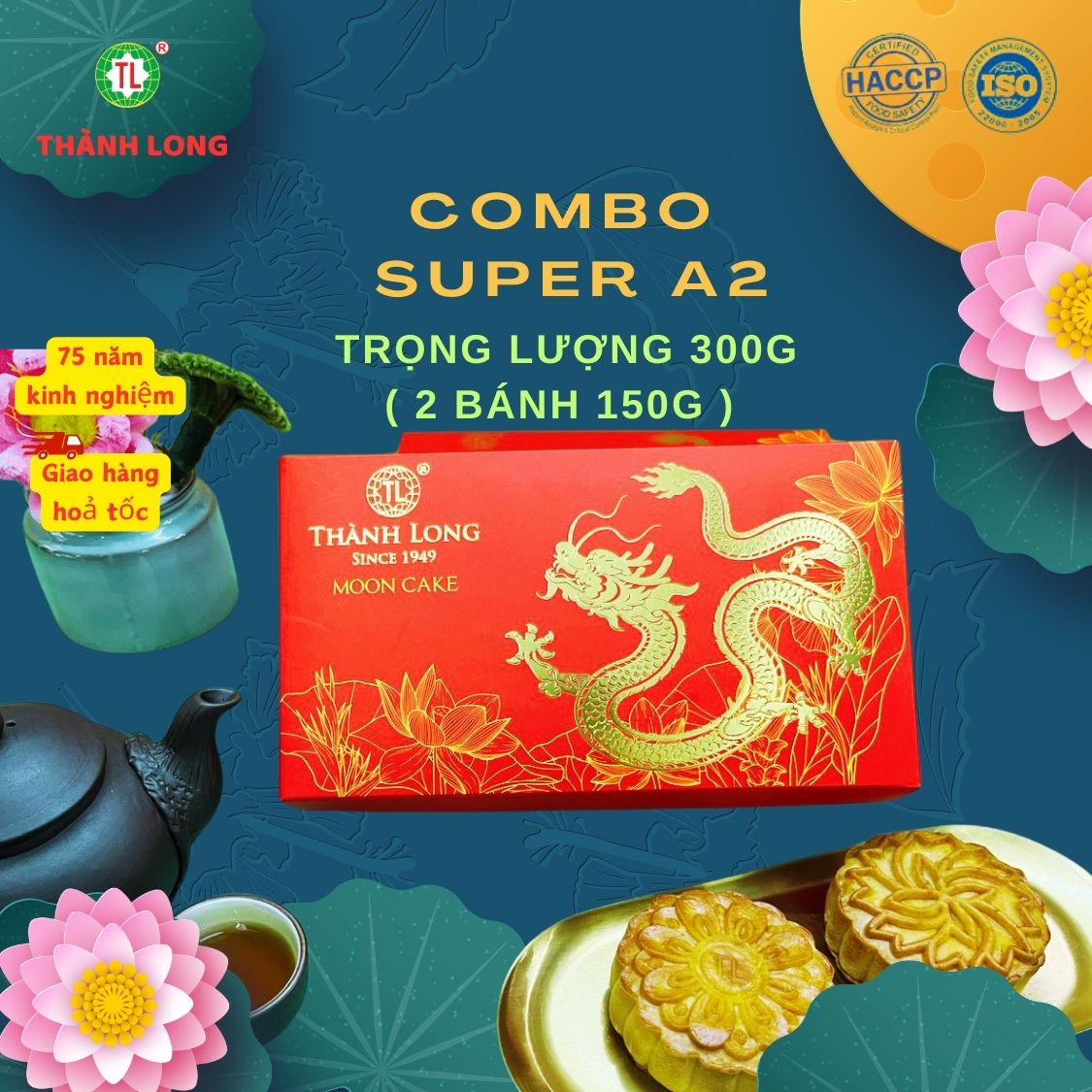 Hộp bánh trung thu 2 bánh 1 trứng 150g - Combo Super A2- Thành Long (300g) - VIỆT NAM